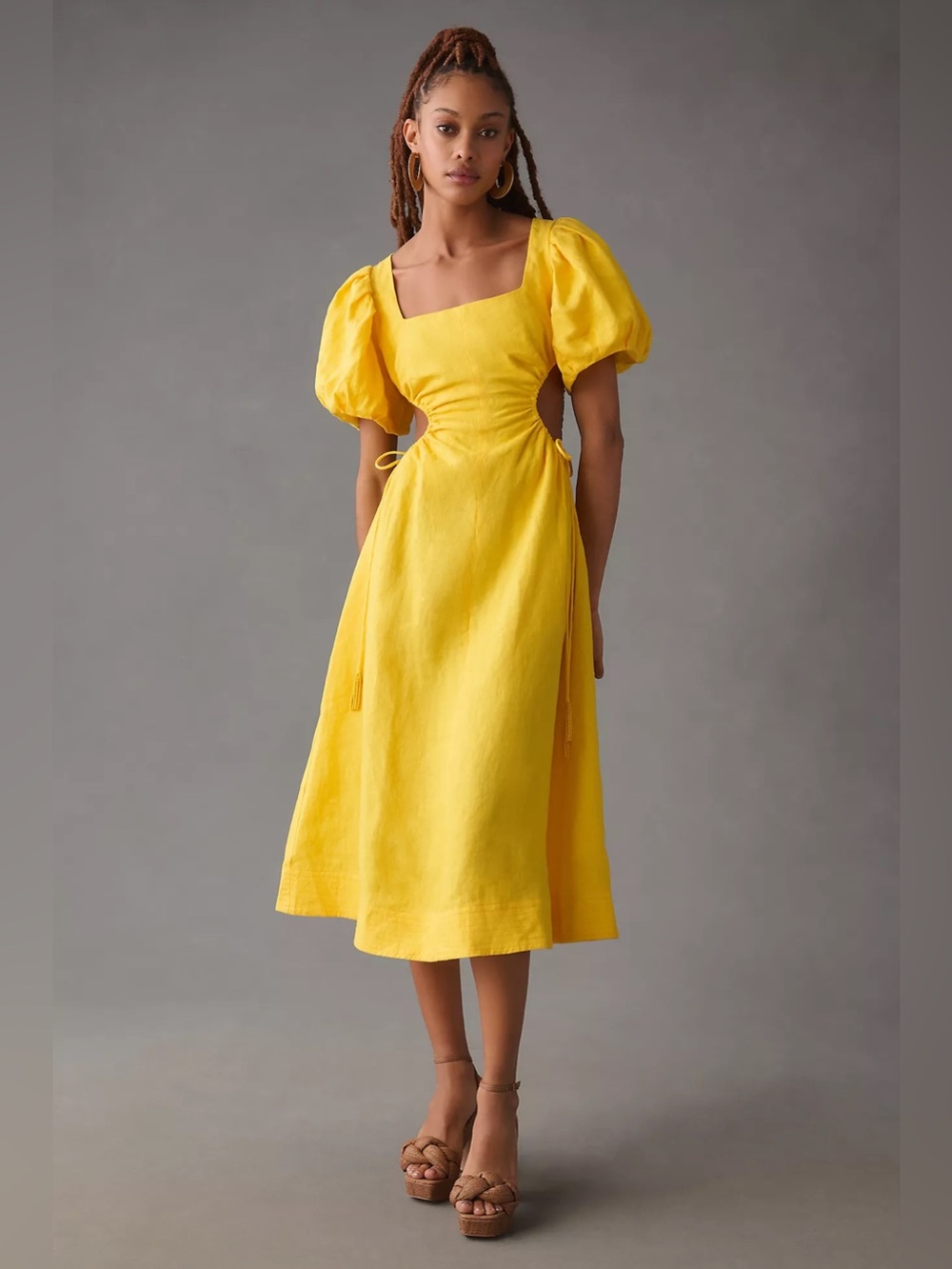 Anthropologie Farm Rio Puff-Sleeve Cutout Linen Dress